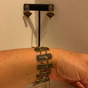 VINTAGE JAPANESE DAMASCENE SHAKUDO PANEL BRACELET WITH SCREW BACK EARRINGS